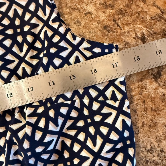 Alyx Navy Tan White Abstract Print Sheath Size 10 Cocktail Dress Knee Length Zip - Picture 10 of 12